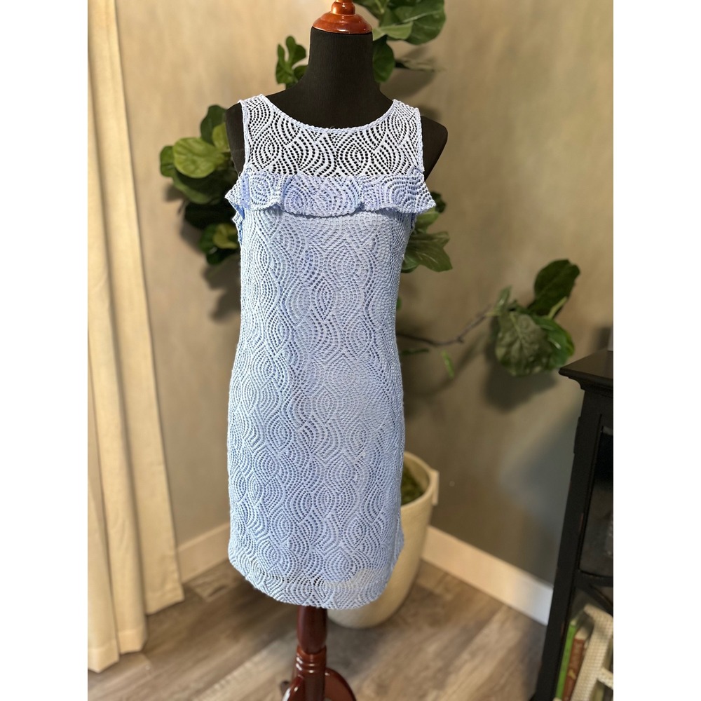 Light Blue Crochet Lace Ruffle Sheath Dress Sleeveless Geometric Knit Mini